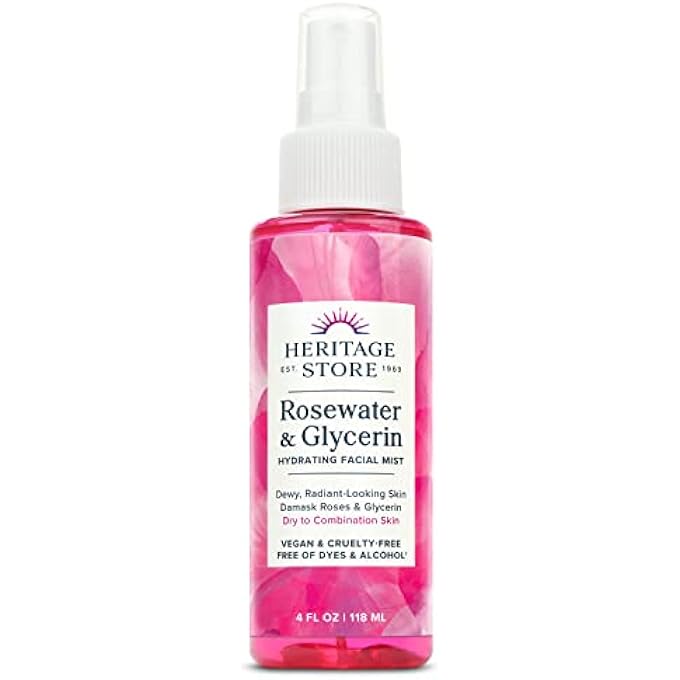 Heritage STORE ROSEWATER & GLYCERIN HYDRATING FACIAL MIST, FOR DRY COMBINATION SKIN CARE, ROSE WATER SPRAY FOR FACE WITH VEGETABLE GLYCERINE, MADE WITHOUT DYES OR ALCOHOL, VEGAN & CRUELTY FREE, 4OZ - Image 1
